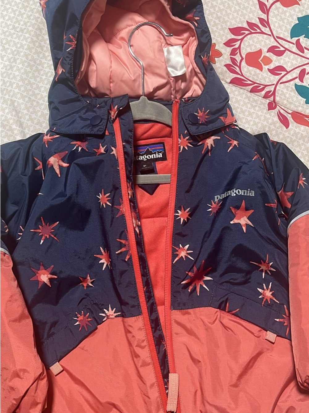 Patagonia Kids Navy Star & Coral Hooded Raincoat